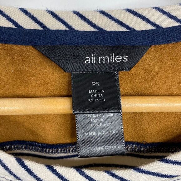Ali Miles Top Size Small Petite Womens Navy White Stripe Suede Elbow Patch - Picture 4 of 7
